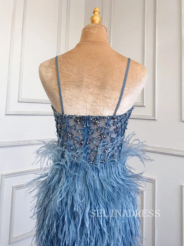 Mermaid Spaghetti Straps Sleeveless Blue Prom Dress Sparkly Evening Gowns hlks017