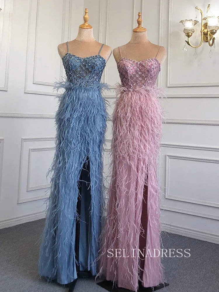 Mermaid Spaghetti Straps Sleeveless Blue Prom Dress Sparkly Evening Gowns hlks017