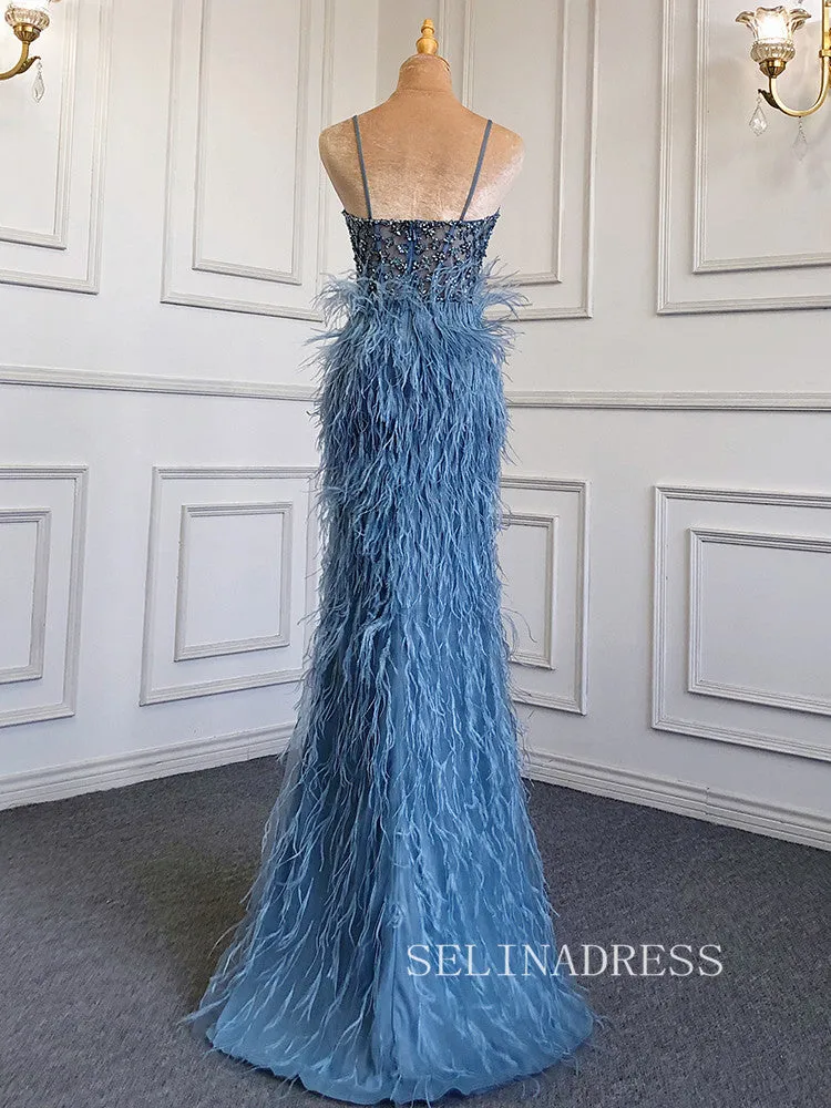 Mermaid Spaghetti Straps Sleeveless Blue Prom Dress Sparkly Evening Gowns hlks017