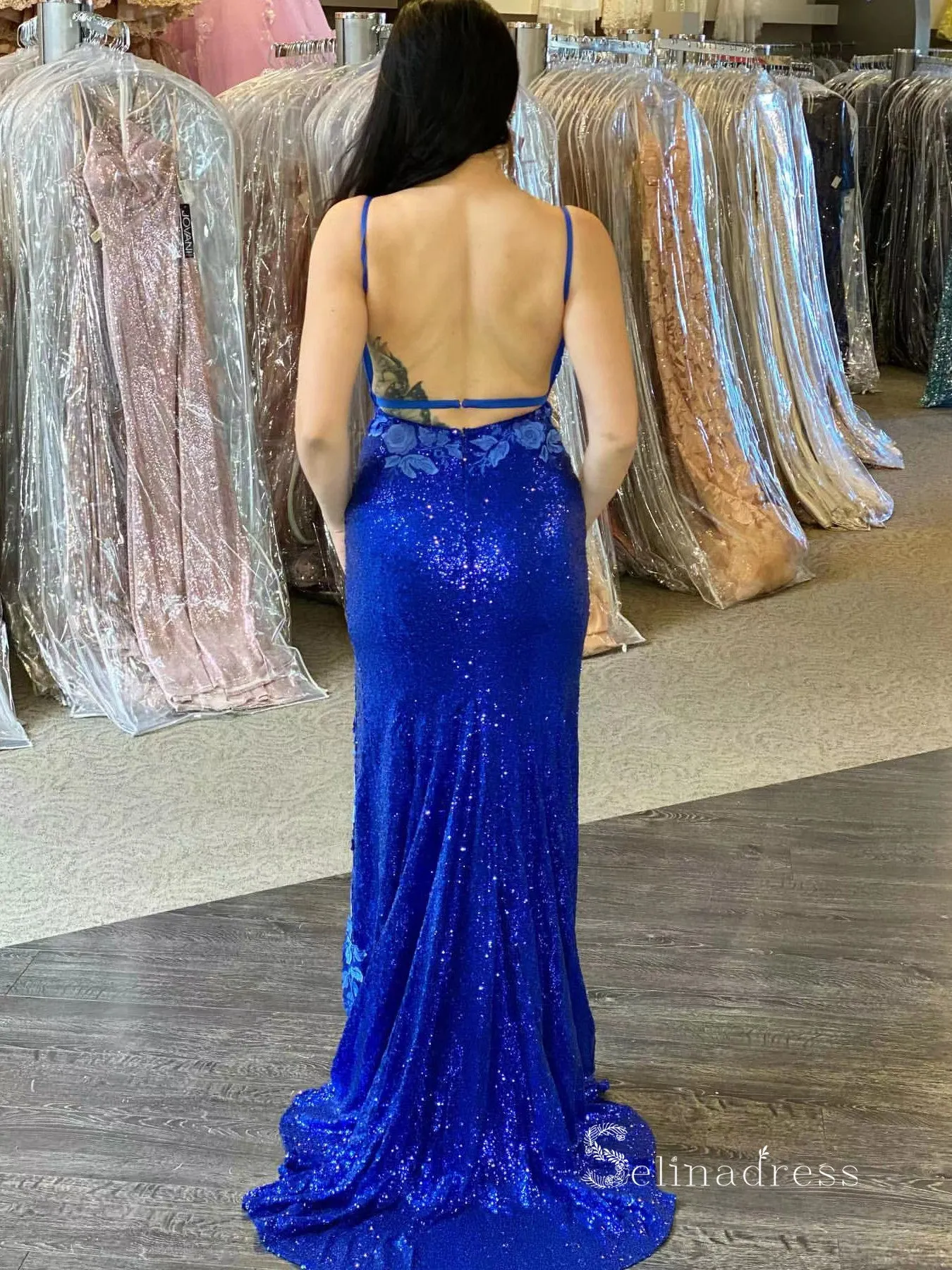 Mermaid Spaghetti Straps Sleeveless Long Prom Dresses Applique Sequins Evening Dresses MLK04882
