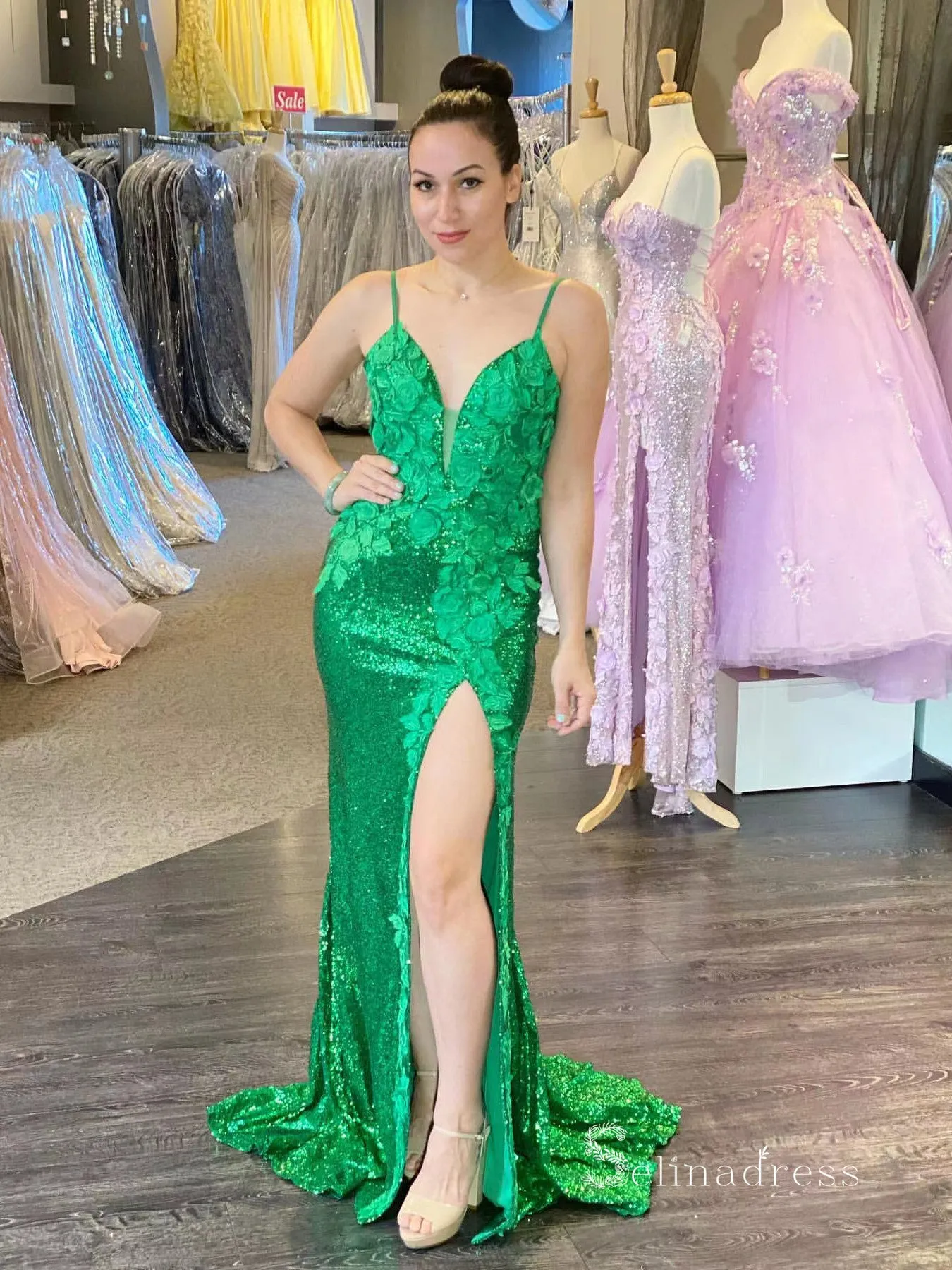 Mermaid Spaghetti Straps Sleeveless Long Prom Dresses Applique Sequins Evening Dresses MLK04882