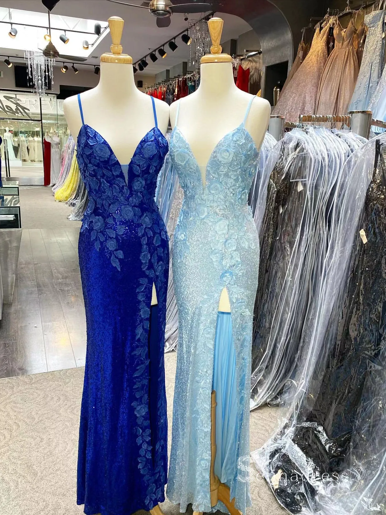 Mermaid Spaghetti Straps Sleeveless Long Prom Dresses Applique Sequins Evening Dresses MLK04882