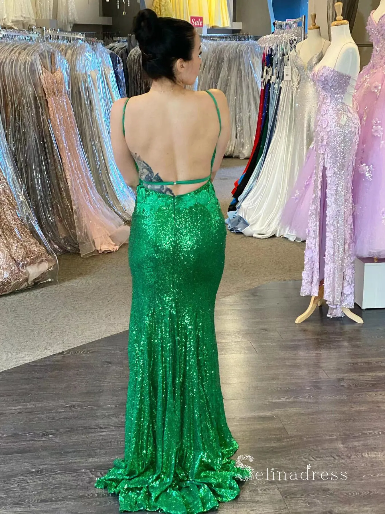 Mermaid Spaghetti Straps Sleeveless Long Prom Dresses Applique Sequins Evening Dresses MLK04882