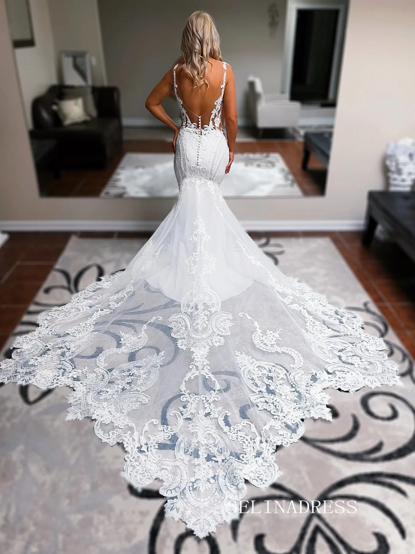 Mermaid Spaghetti Straps White Lace Wedding Dress  With Sweep Train EWR399