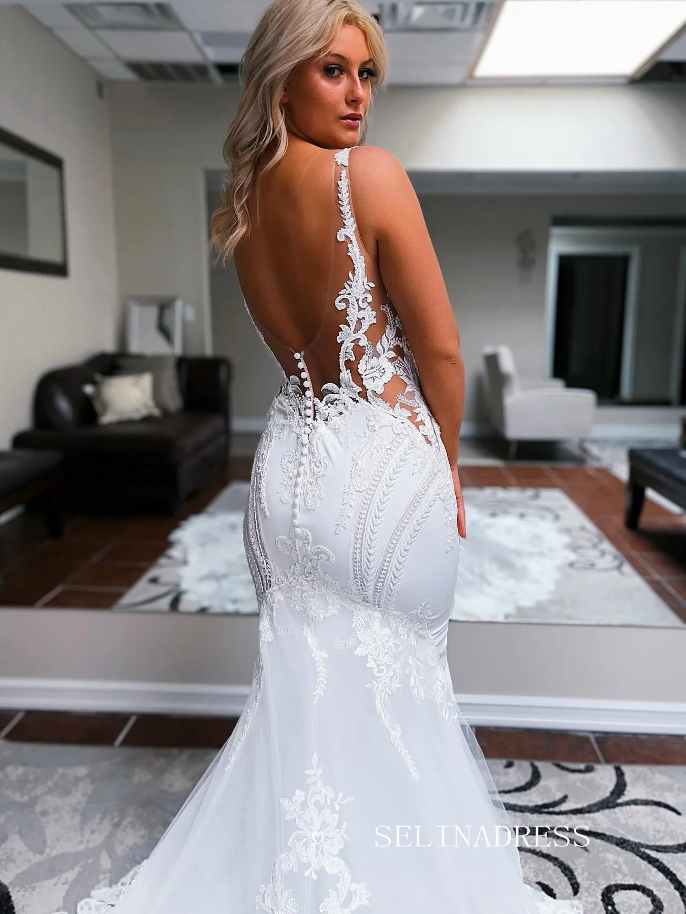 Mermaid Spaghetti Straps White Lace Wedding Dress  With Sweep Train EWR399