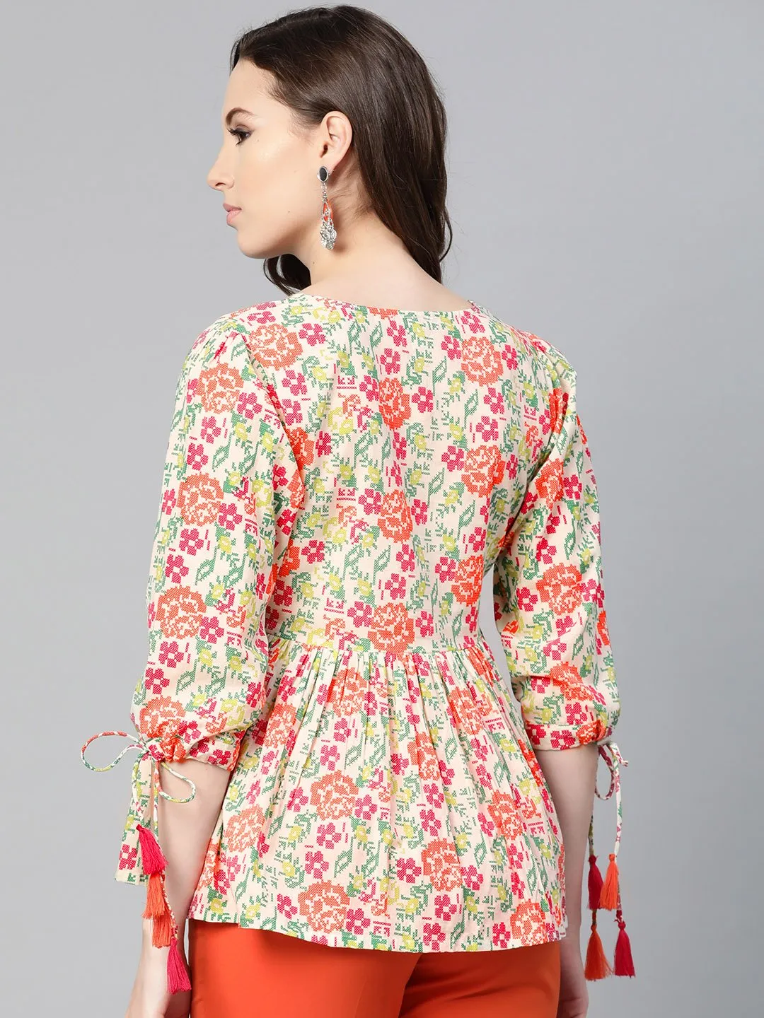 Off White And Multi Floral Printed Top With Dori Detailing On Sleeves