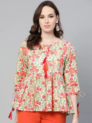 Off White And Multi Floral Printed Top With Dori Detailing On Sleeves
