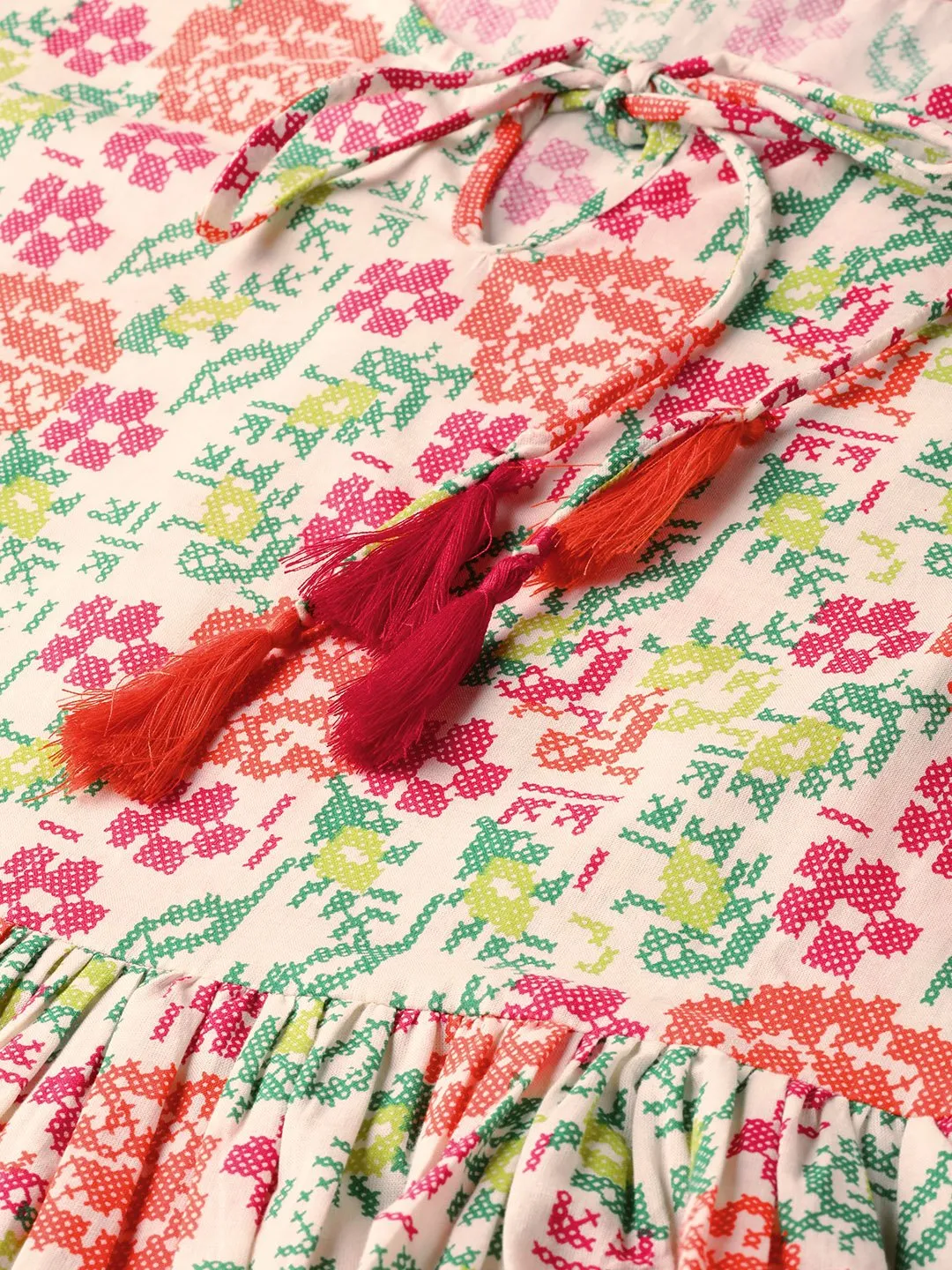 Off White And Multi Floral Printed Top With Dori Detailing On Sleeves