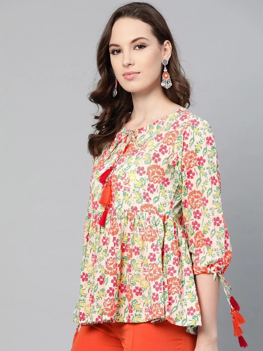 Off White And Multi Floral Printed Top With Dori Detailing On Sleeves