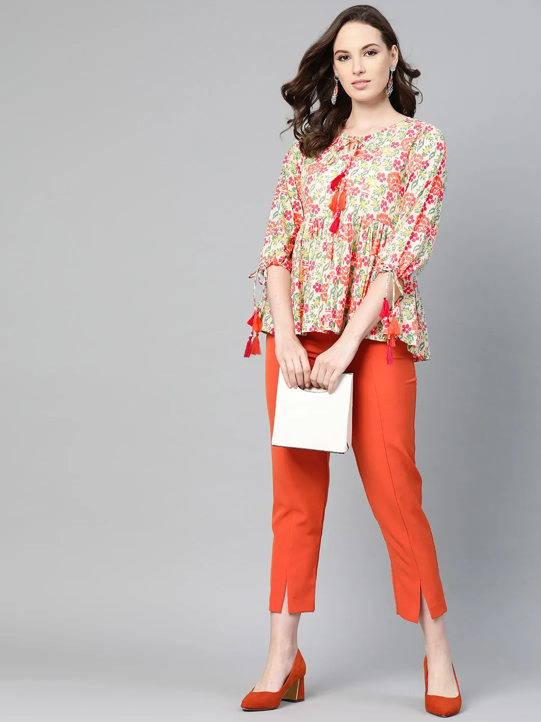 Off White And Multi Floral Printed Top With Dori Detailing On Sleeves