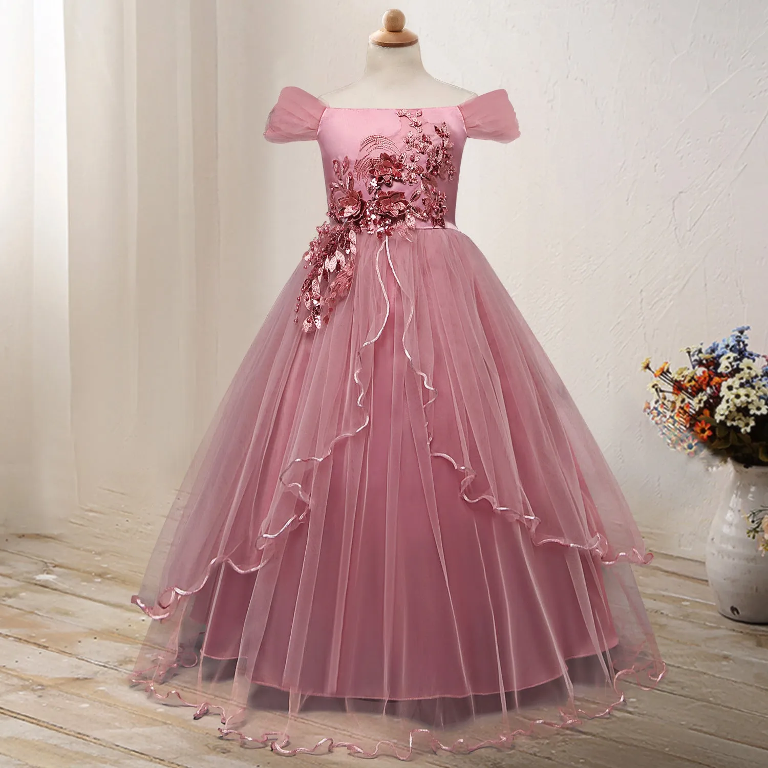 On shoulder Princess Flower Dress Costume