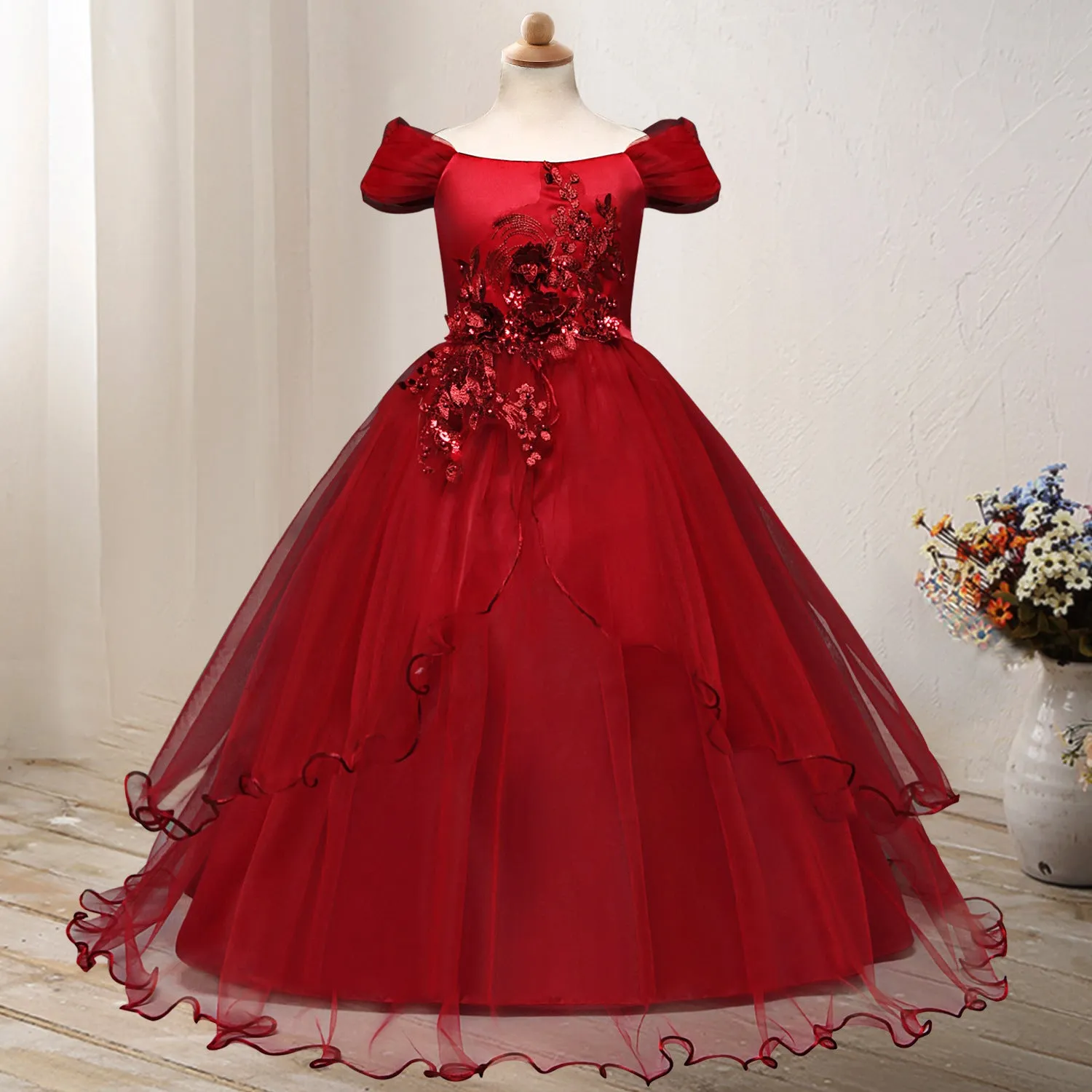 On shoulder Princess Flower Dress Costume