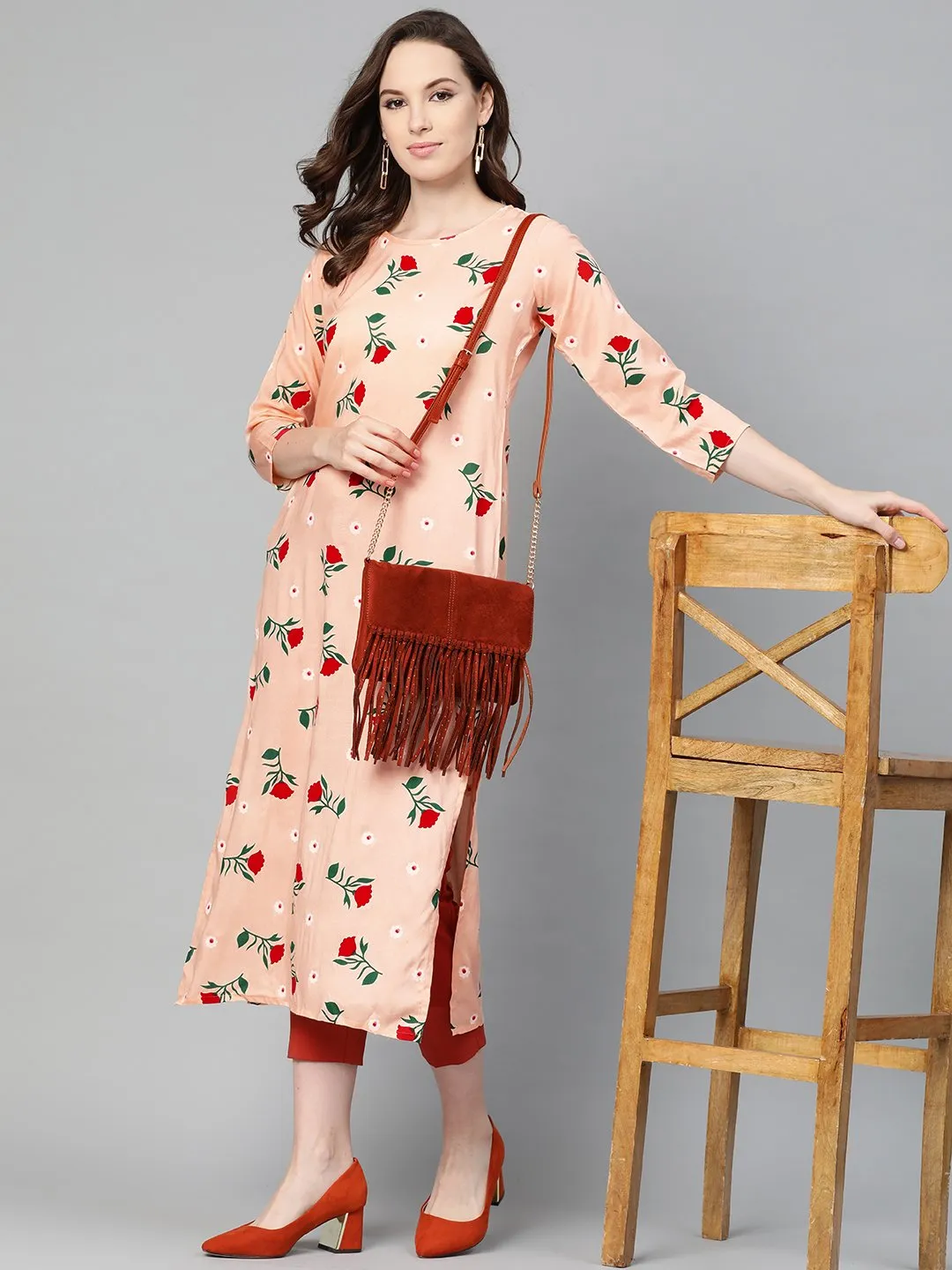 Peach Multi Colored Floral Printed Straight Kurta With Round Neck & 3/4 Sleeves
