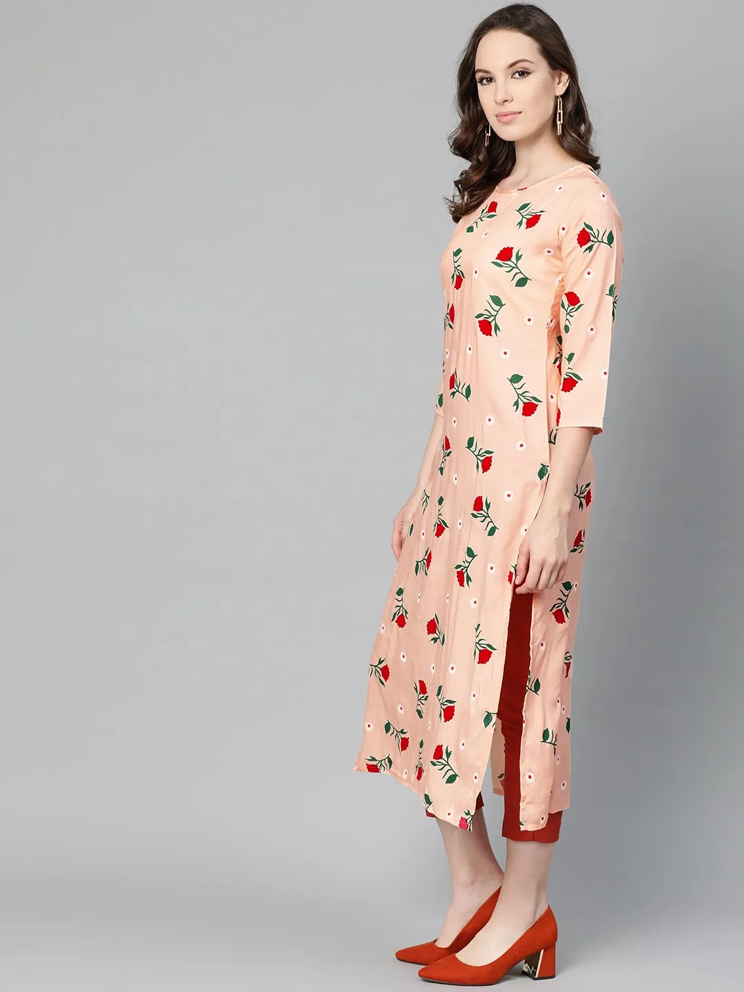 Peach Multi Colored Floral Printed Straight Kurta With Round Neck & 3/4 Sleeves