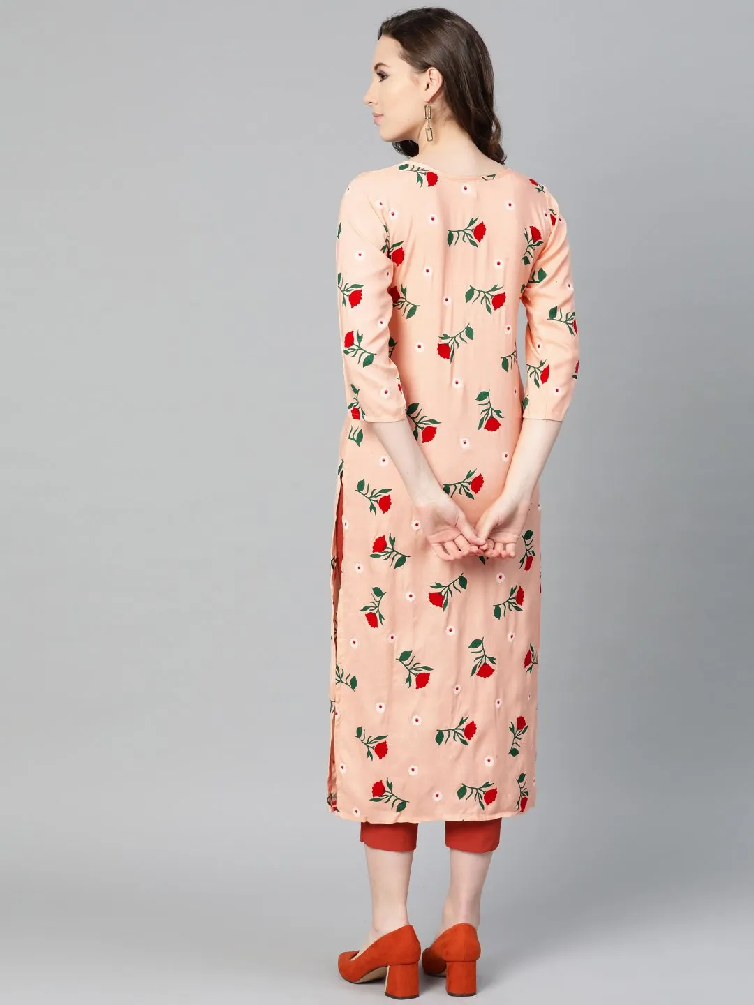 Peach Multi Colored Floral Printed Straight Kurta With Round Neck & 3/4 Sleeves