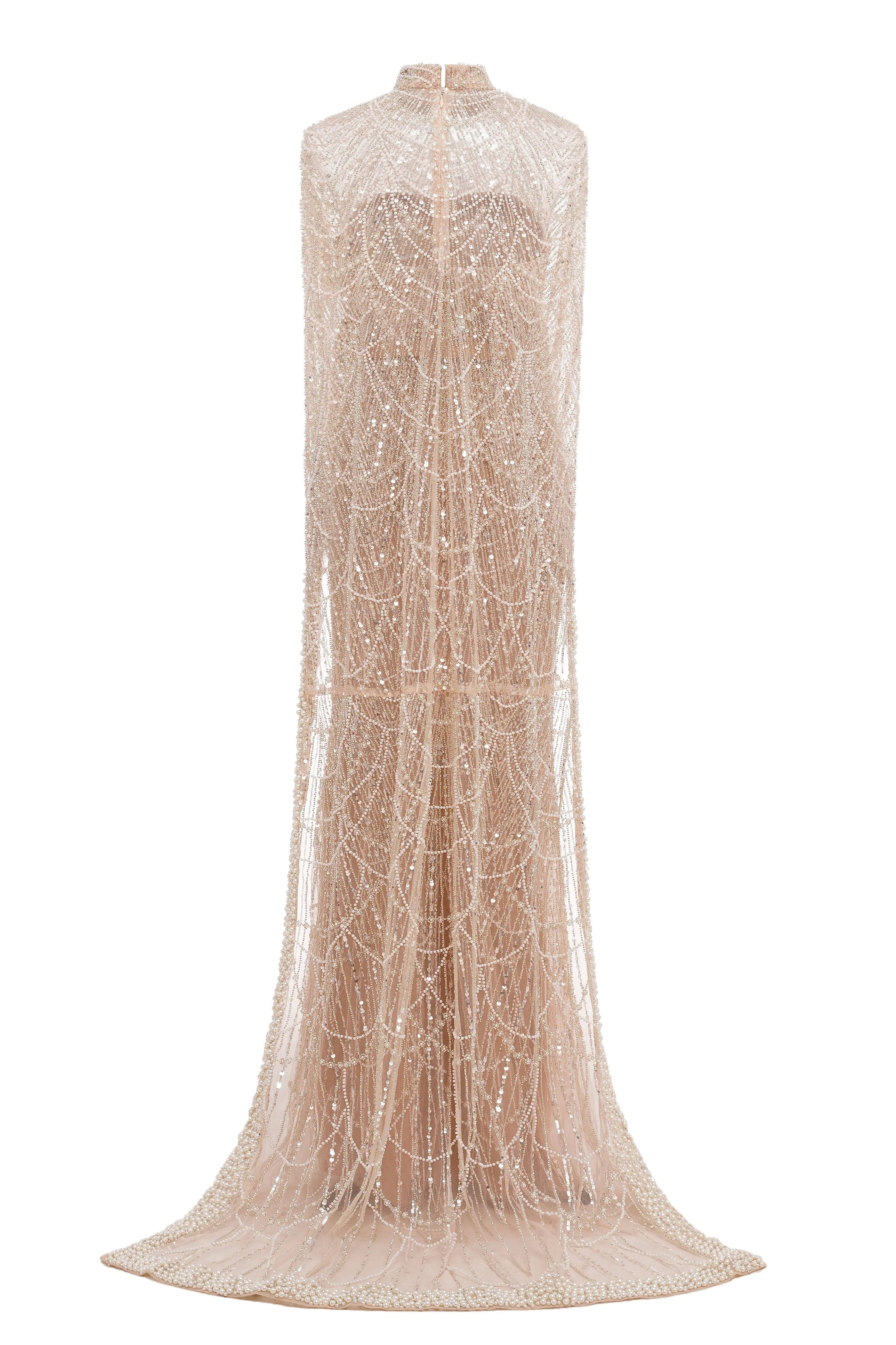 Pearl Pink Beading Prom Dresses Sweep Train High Neck Zipper Sleeveless Evening Dresses