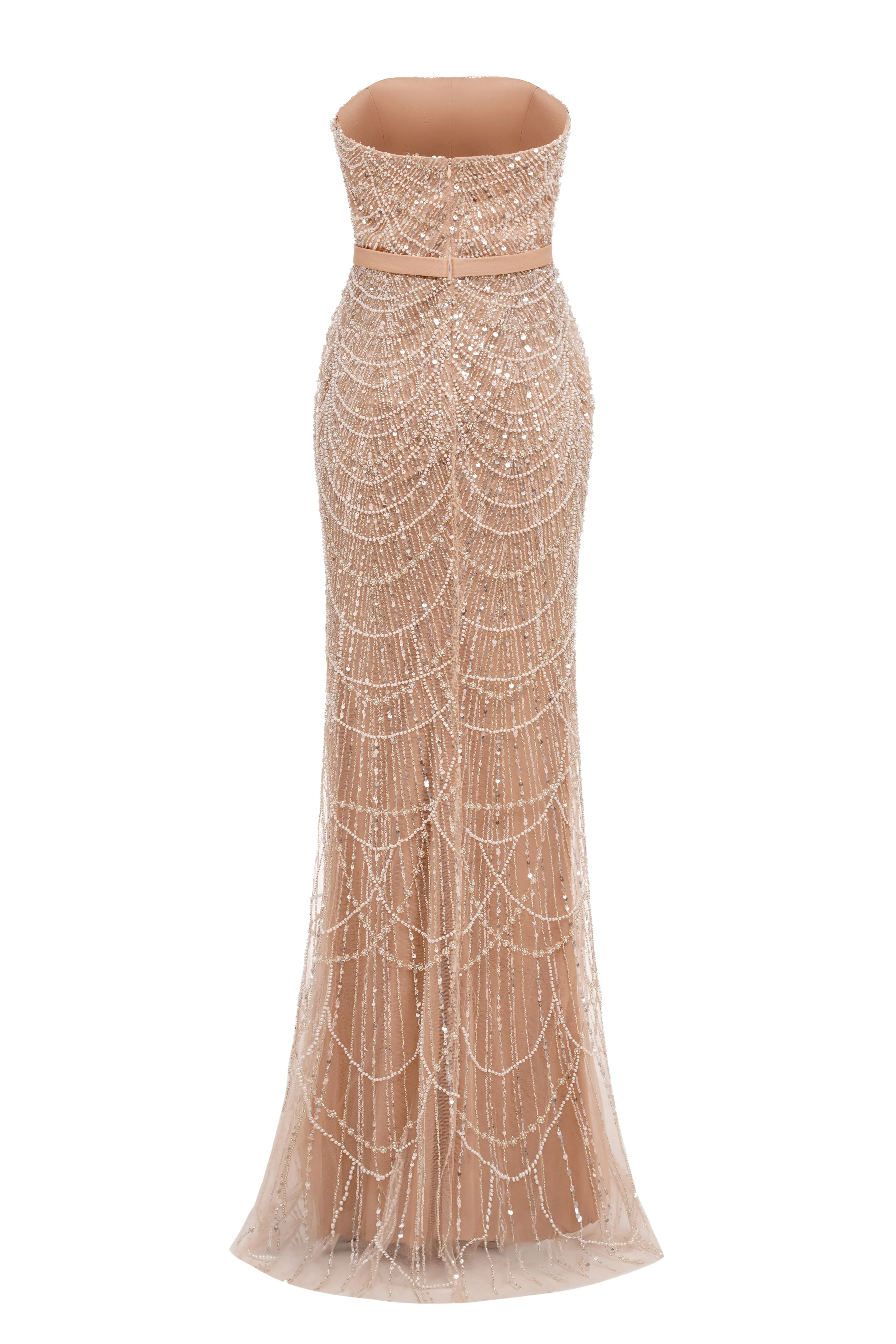 Pearl Pink Beading Prom Dresses Sweep Train High Neck Zipper Sleeveless Evening Dresses