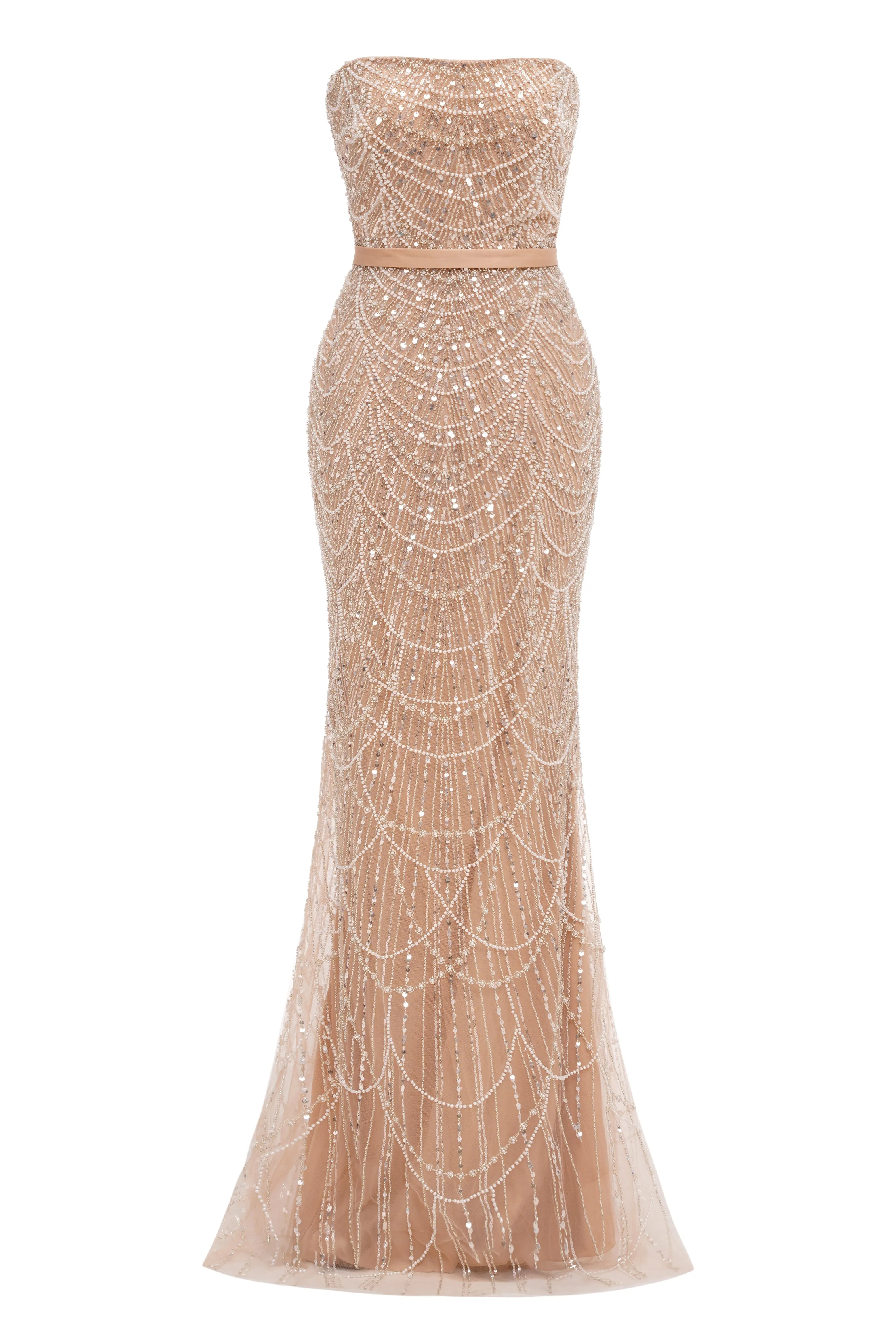 Pearl Pink Beading Prom Dresses Sweep Train High Neck Zipper Sleeveless Evening Dresses