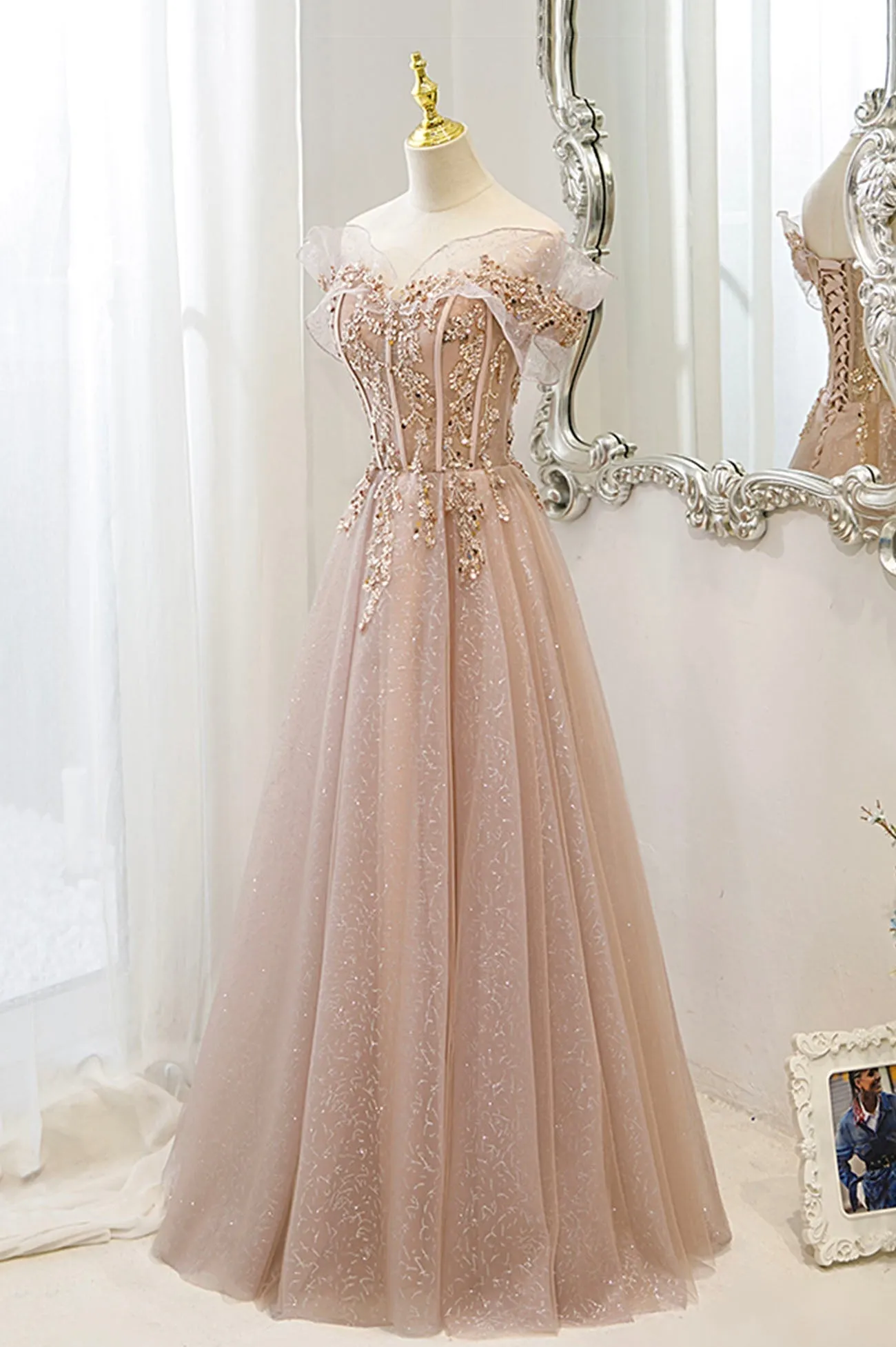 Pink Tulle Sequins Long Prom Dresses A-Line Off the Shoulder Evening Dresses