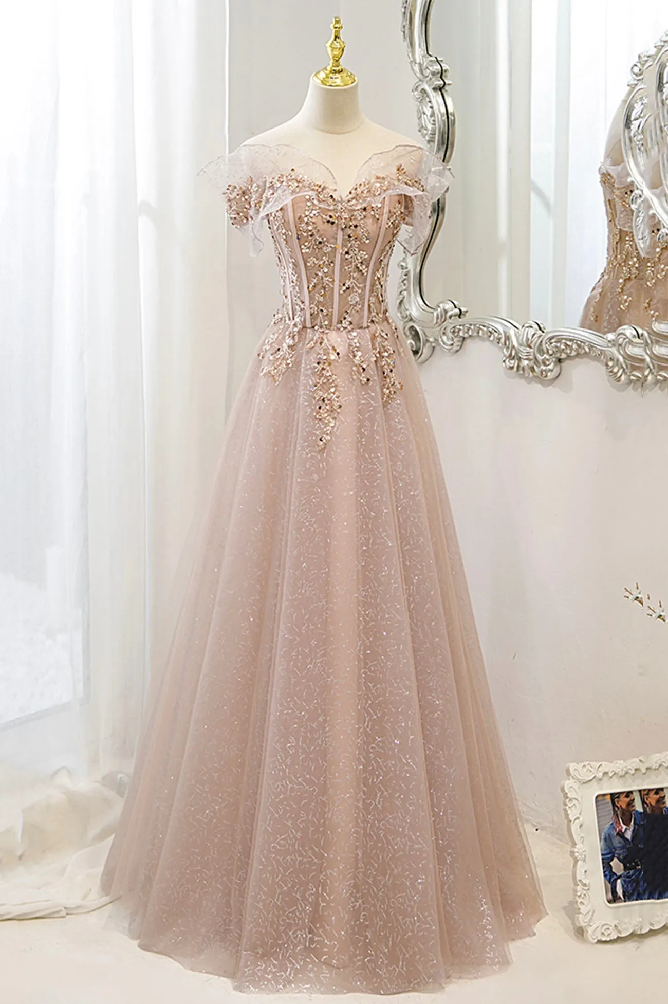 Pink Tulle Sequins Long Prom Dresses A-Line Off the Shoulder Evening Dresses