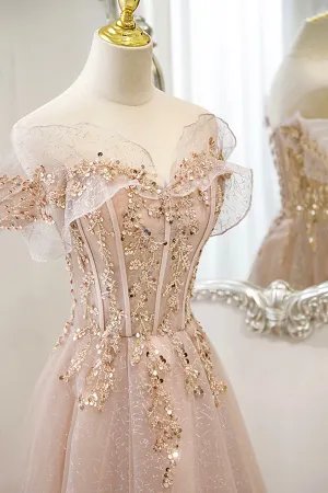 Pink Tulle Sequins Long Prom Dresses A-Line Off the Shoulder Evening Dresses