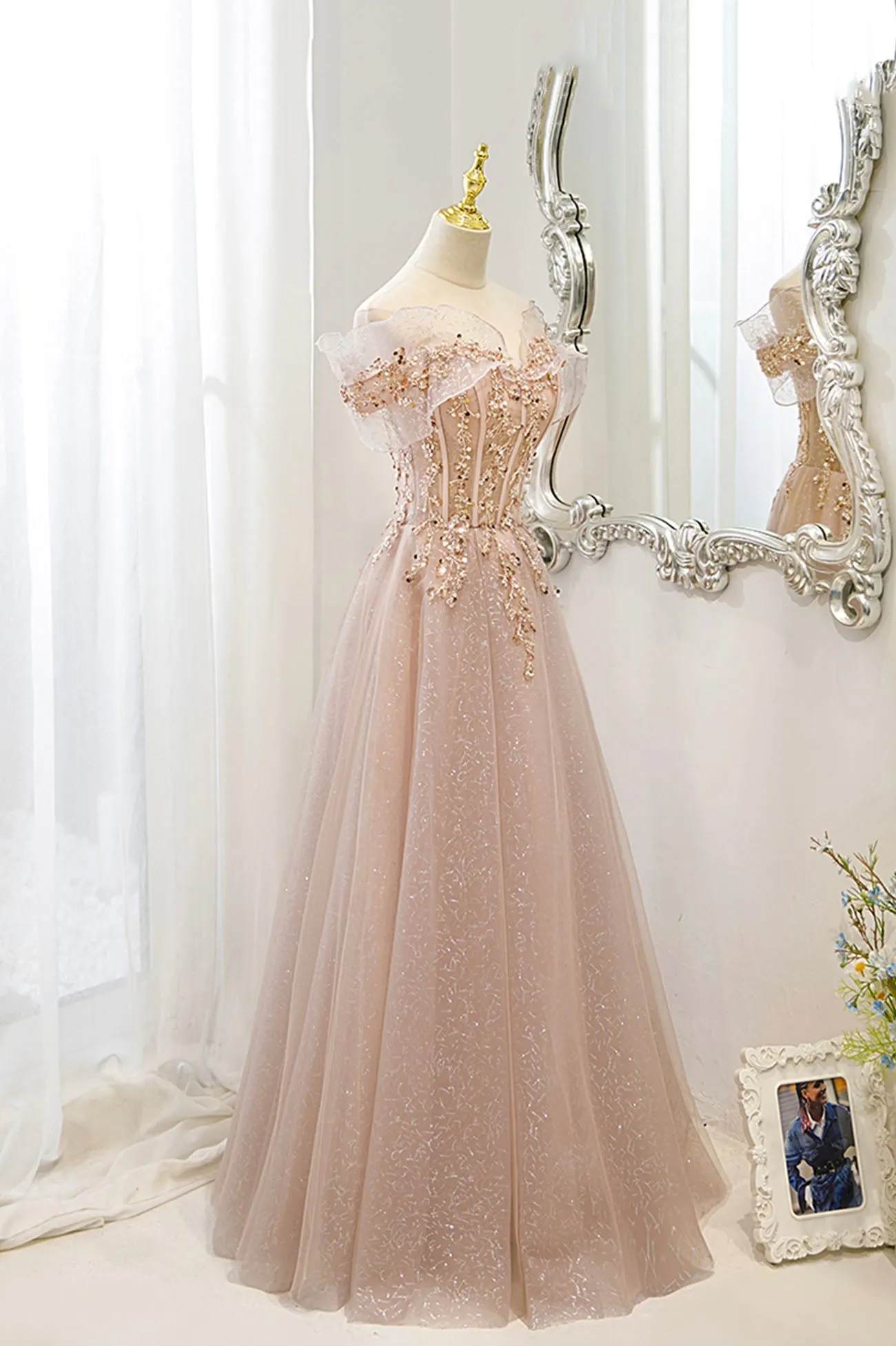 Pink Tulle Sequins Long Prom Dresses A-Line Off the Shoulder Evening Dresses