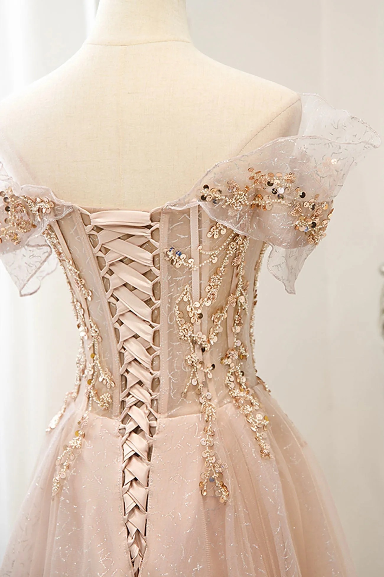 Pink Tulle Sequins Long Prom Dresses A-Line Off the Shoulder Evening Dresses