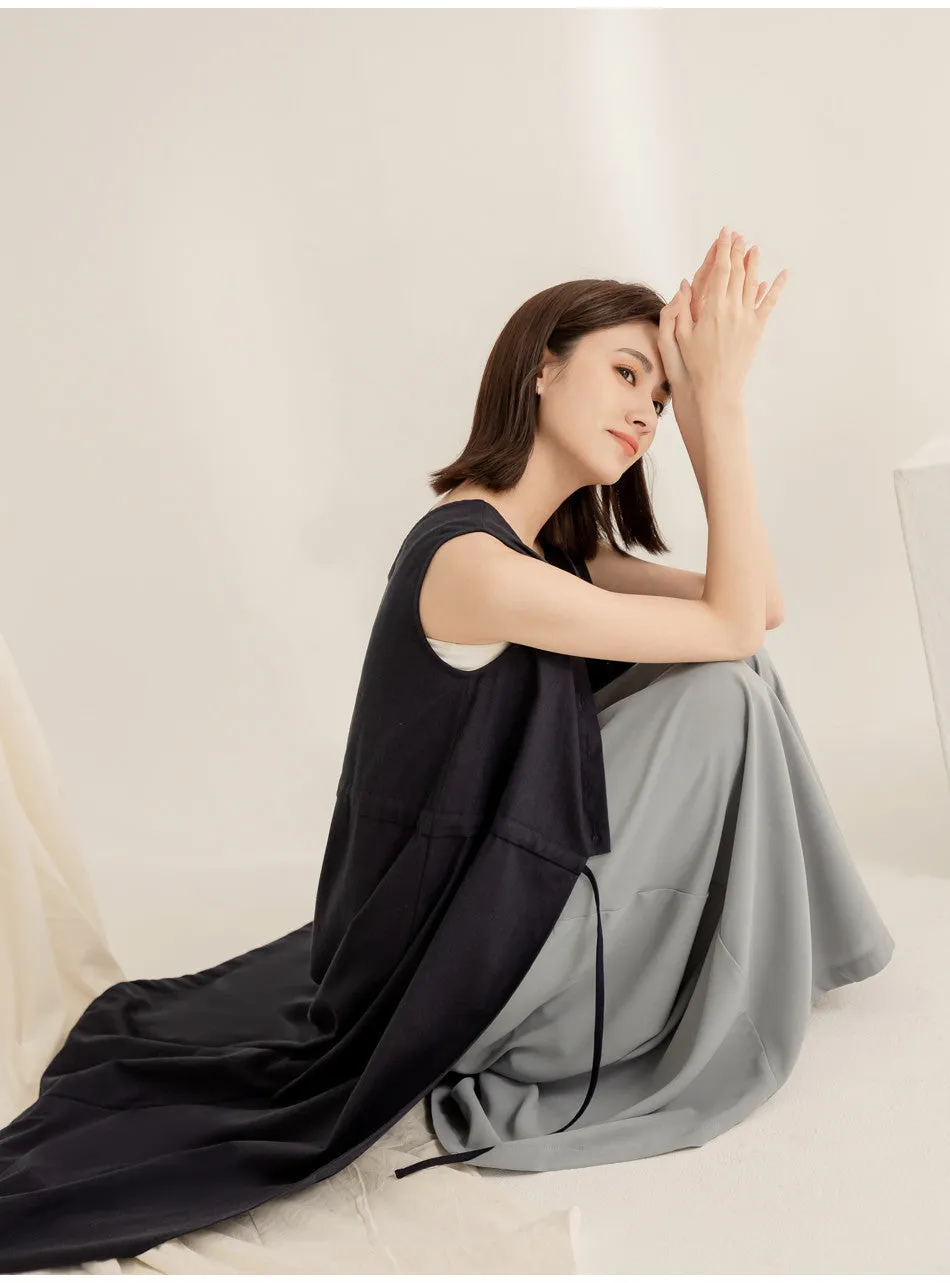 Reversible Linen Cotton Sleeveless Long Vest Cardigan Jacket Dress