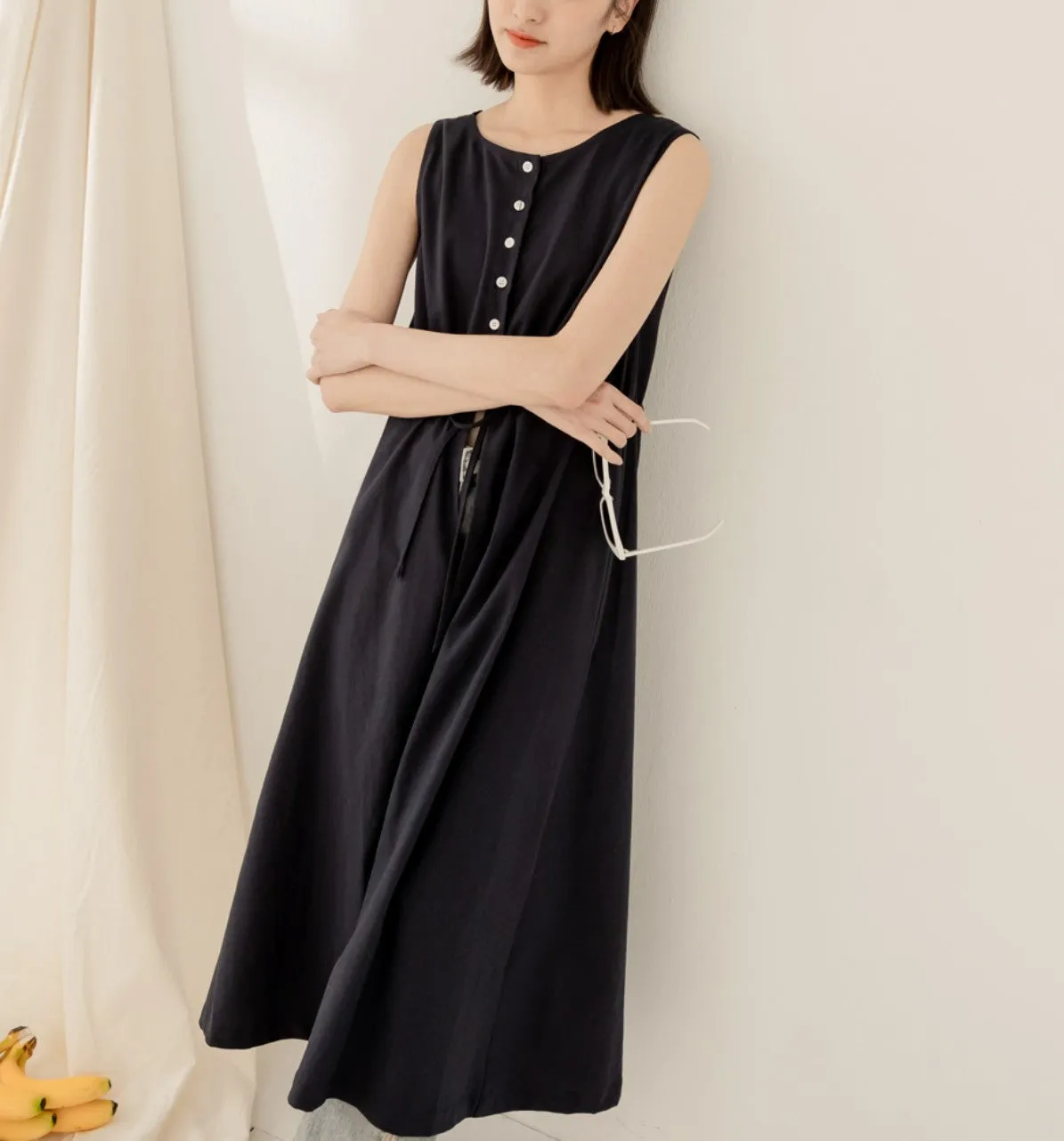 Reversible Linen Cotton Sleeveless Long Vest Cardigan Jacket Dress