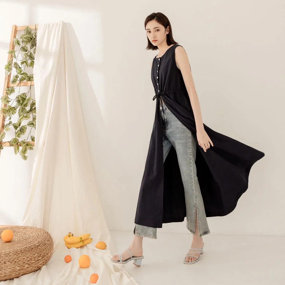 Reversible Linen Cotton Sleeveless Long Vest Cardigan Jacket Dress