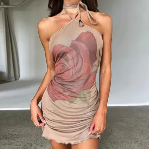 Rose Print Halter Neck Off Shoulder Mini Dress for Clubwear