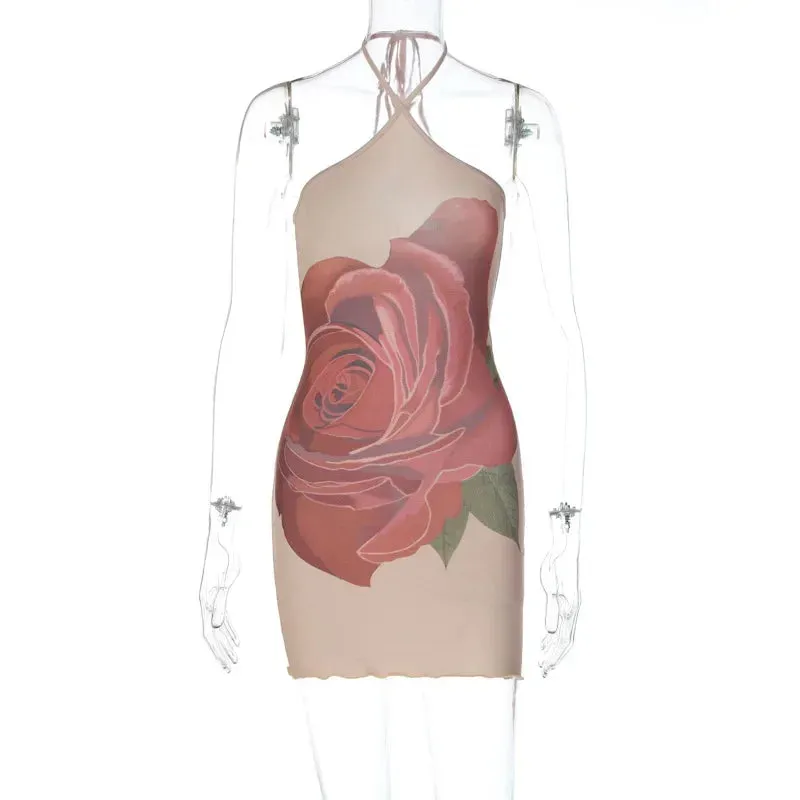 Rose Print Halter Neck Off Shoulder Mini Dress for Clubwear