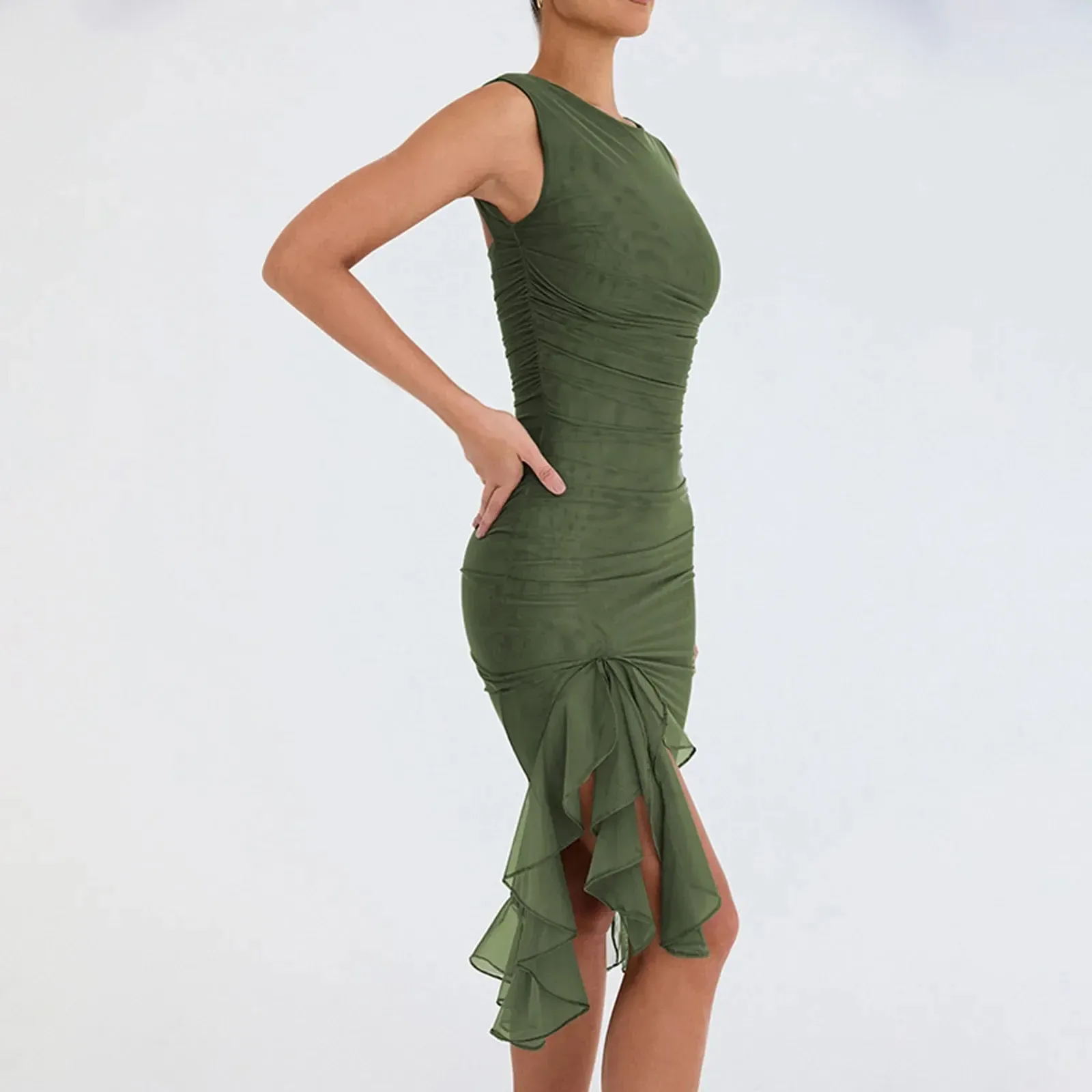 Ruffle Ruched Summer Backless Sleeveless Ir Regular Club Party Sexy Vintage Casual Elegant Dress