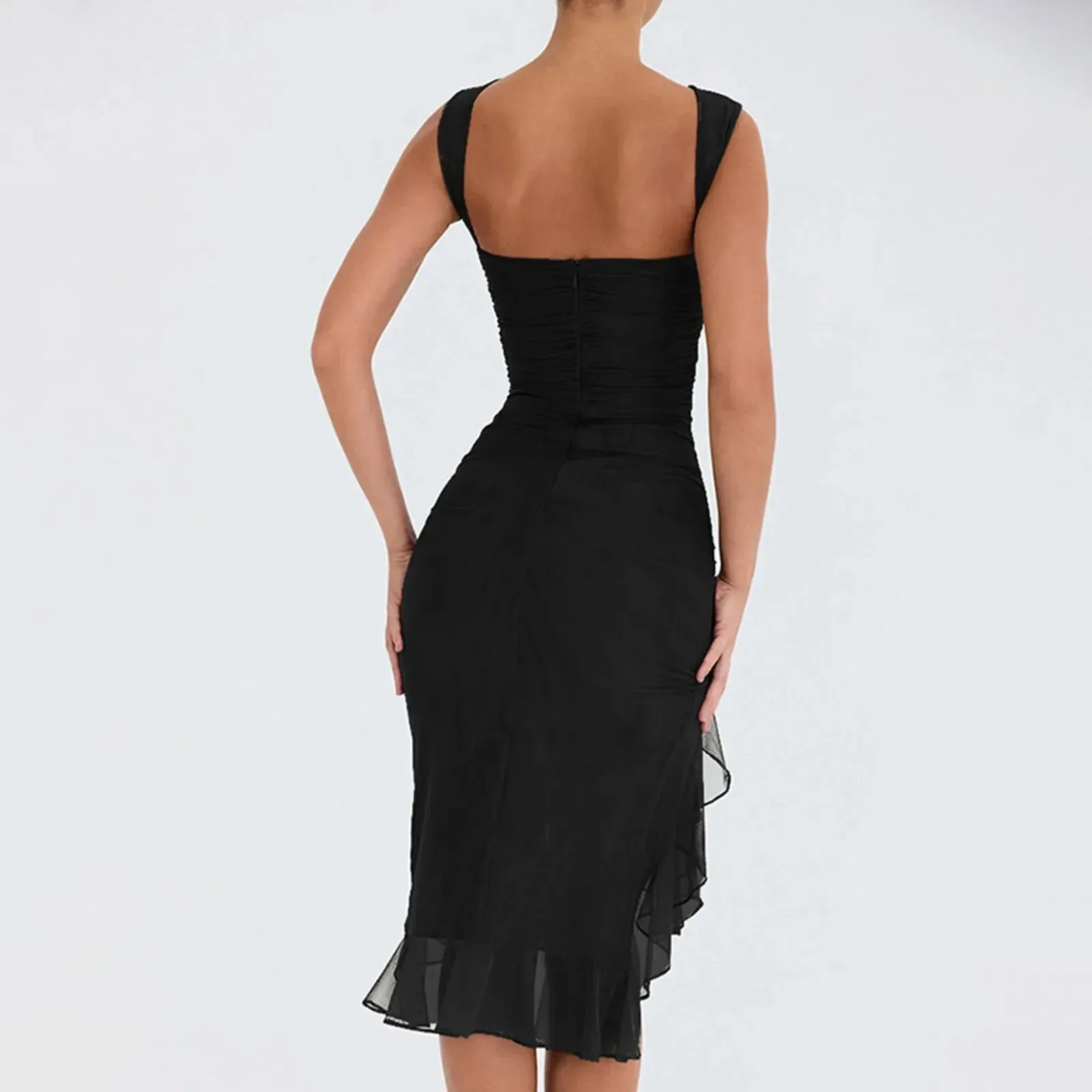 Ruffle Ruched Summer Backless Sleeveless Ir Regular Club Party Sexy Vintage Casual Elegant Dress