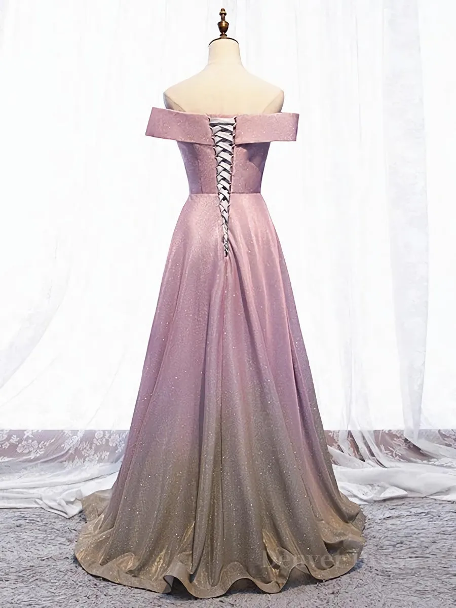Shiny Off Shoulder Pink Ombre Prom Dresses Pink Ombre Formal Graduation Evening Dresses