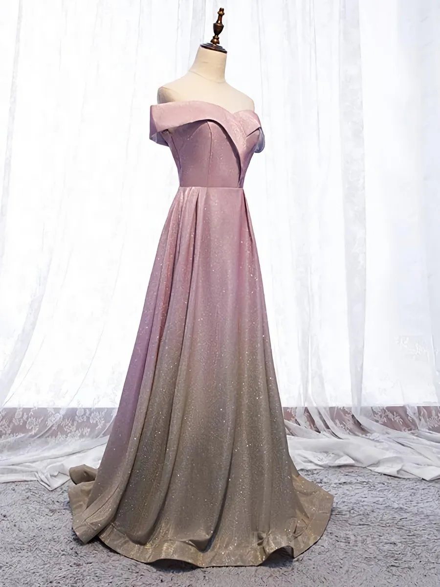 Shiny Off Shoulder Pink Ombre Prom Dresses Pink Ombre Formal Graduation Evening Dresses