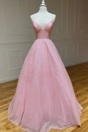 Shiny V Neck Backless Pink Long Prom Dress Formal Graduation Evening Dresses