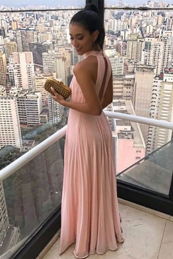 Unique Pink Chiffon Long Prom Dresses, Pleated Pink Formal Dresses, Pink Evening Dresses