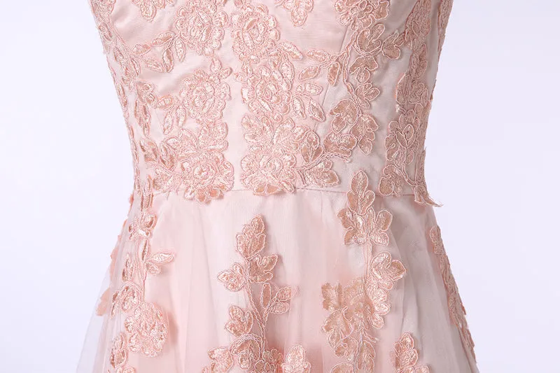 V-Neck Lace Applique Tulle A Line Peach Pink Prom Dresses