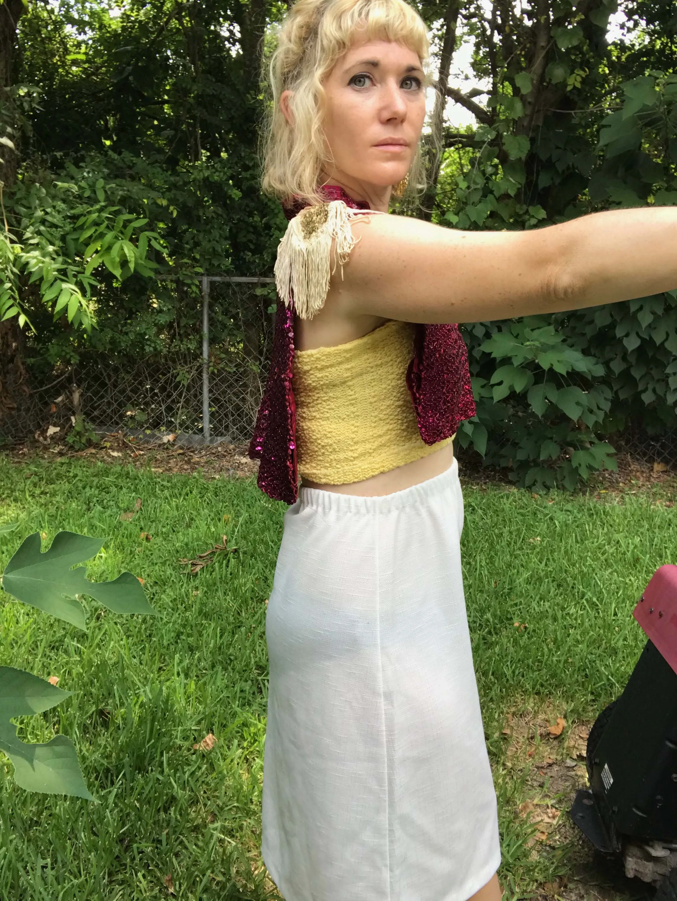 VTG 80s | Pink Disco Glam Rock Bowie Sequin Fringe Top Capelet Cape Vest Blouse