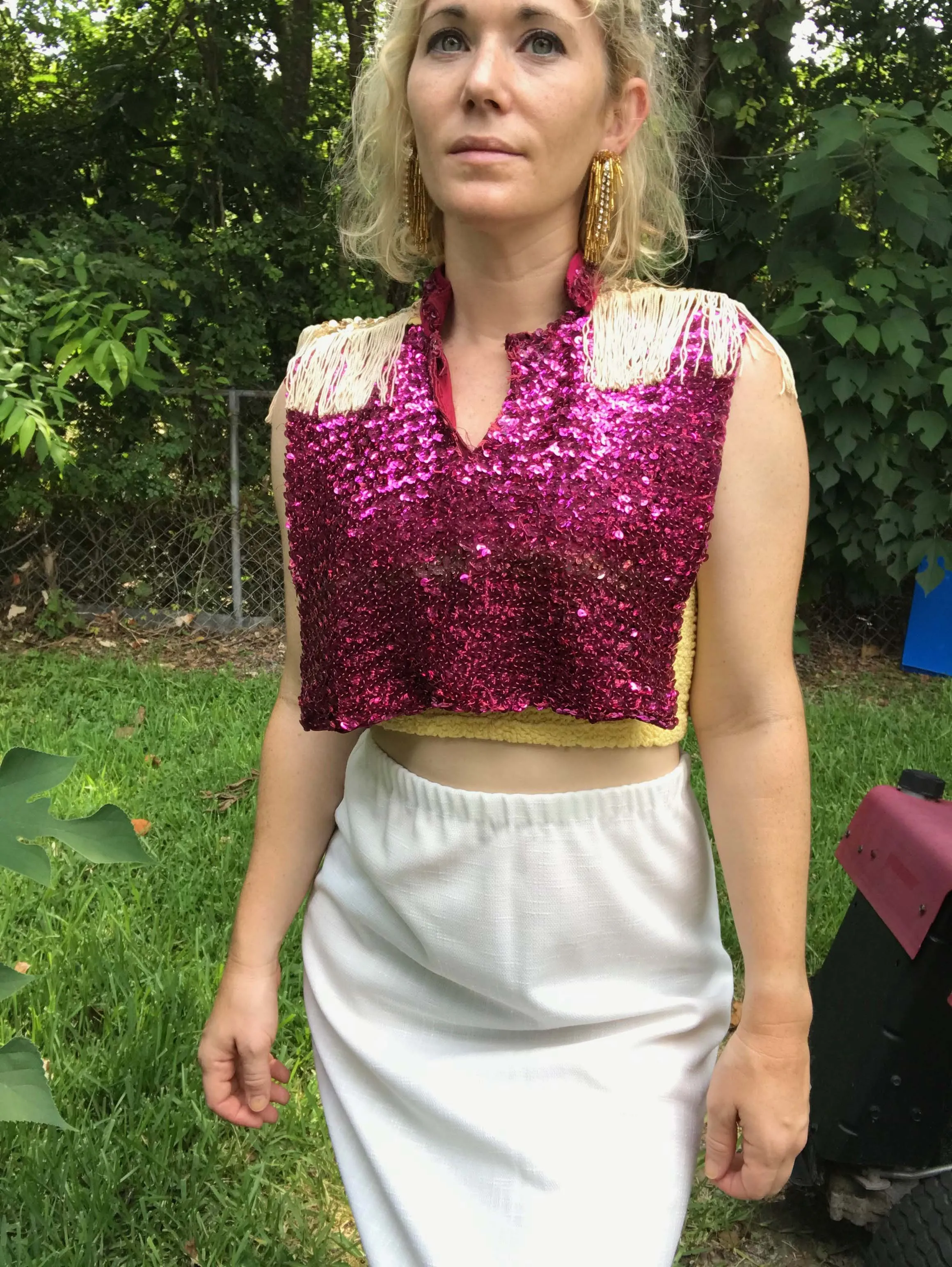 VTG 80s | Pink Disco Glam Rock Bowie Sequin Fringe Top Capelet Cape Vest Blouse