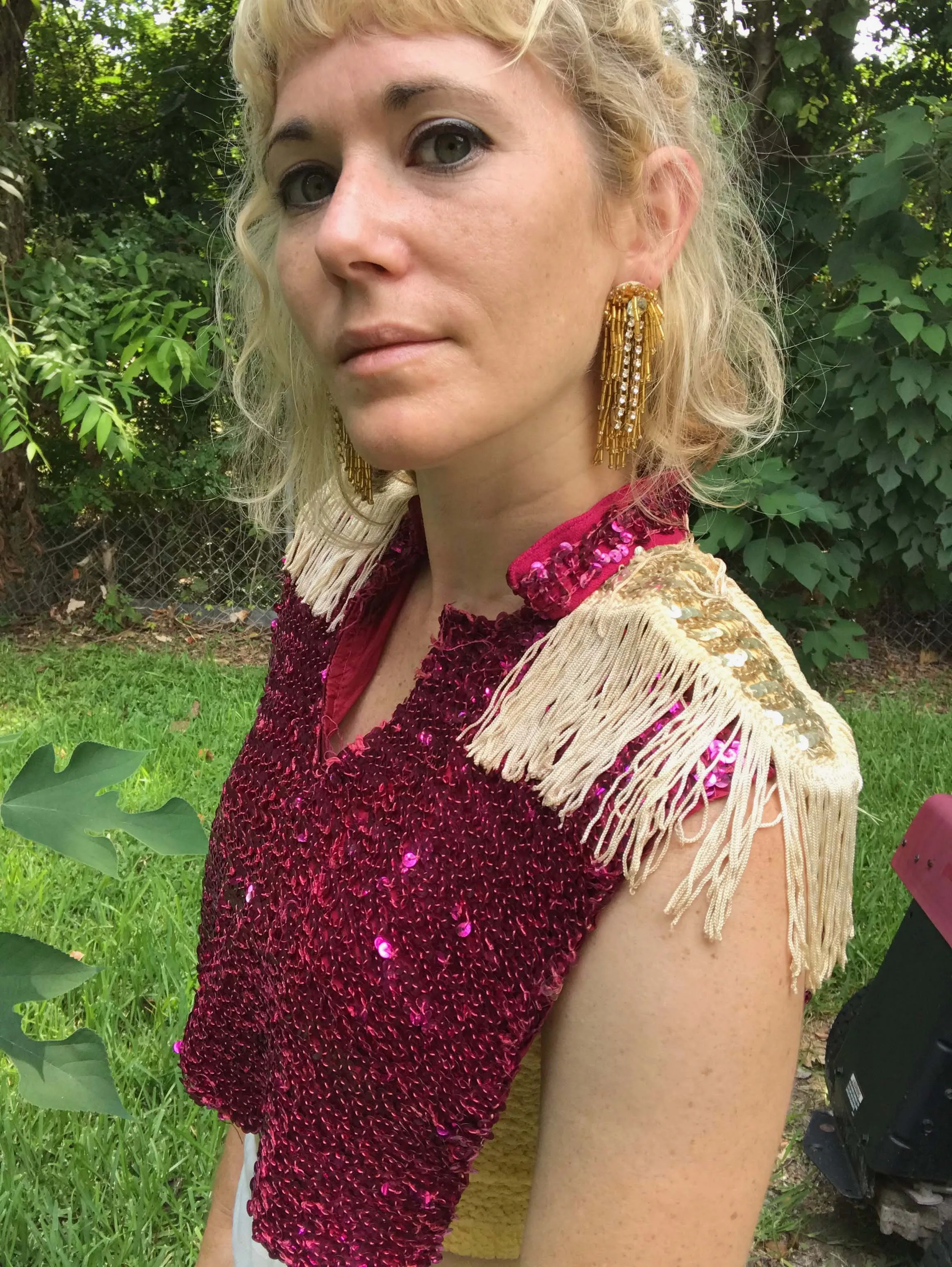 VTG 80s | Pink Disco Glam Rock Bowie Sequin Fringe Top Capelet Cape Vest Blouse