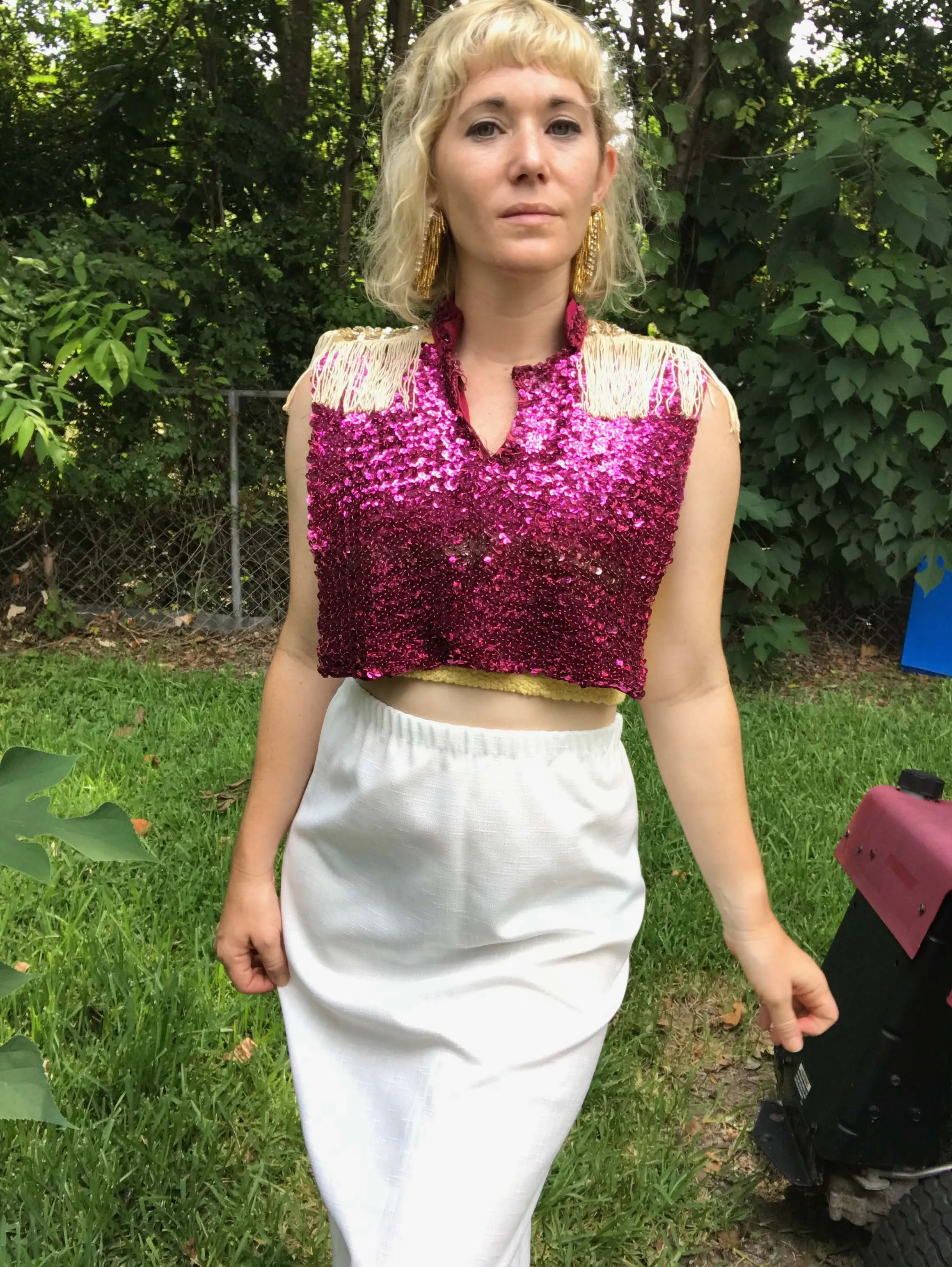 VTG 80s | Pink Disco Glam Rock Bowie Sequin Fringe Top Capelet Cape Vest Blouse