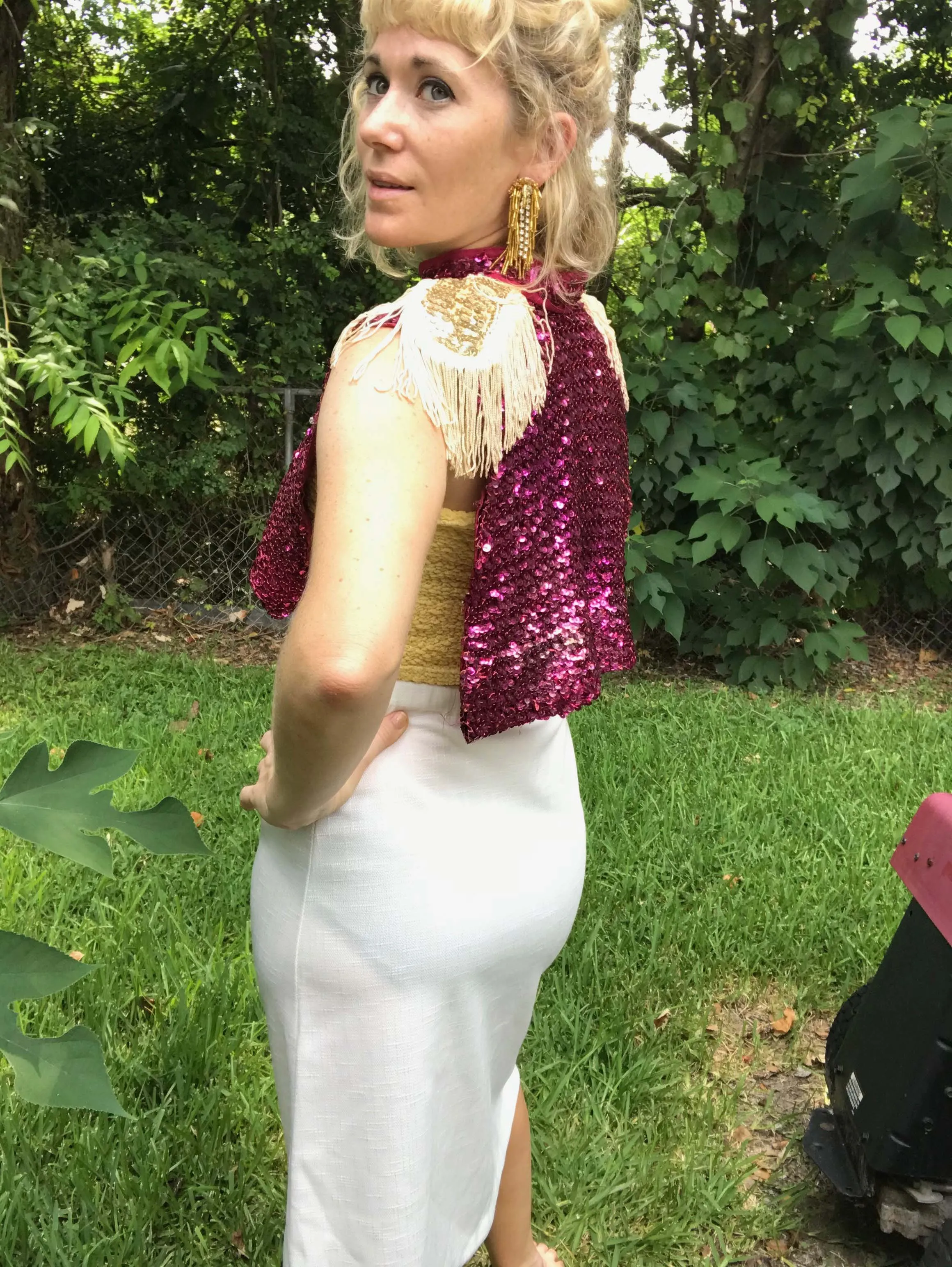 VTG 80s | Pink Disco Glam Rock Bowie Sequin Fringe Top Capelet Cape Vest Blouse