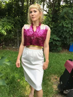 VTG 80s | Pink Disco Glam Rock Bowie Sequin Fringe Top Capelet Cape Vest Blouse