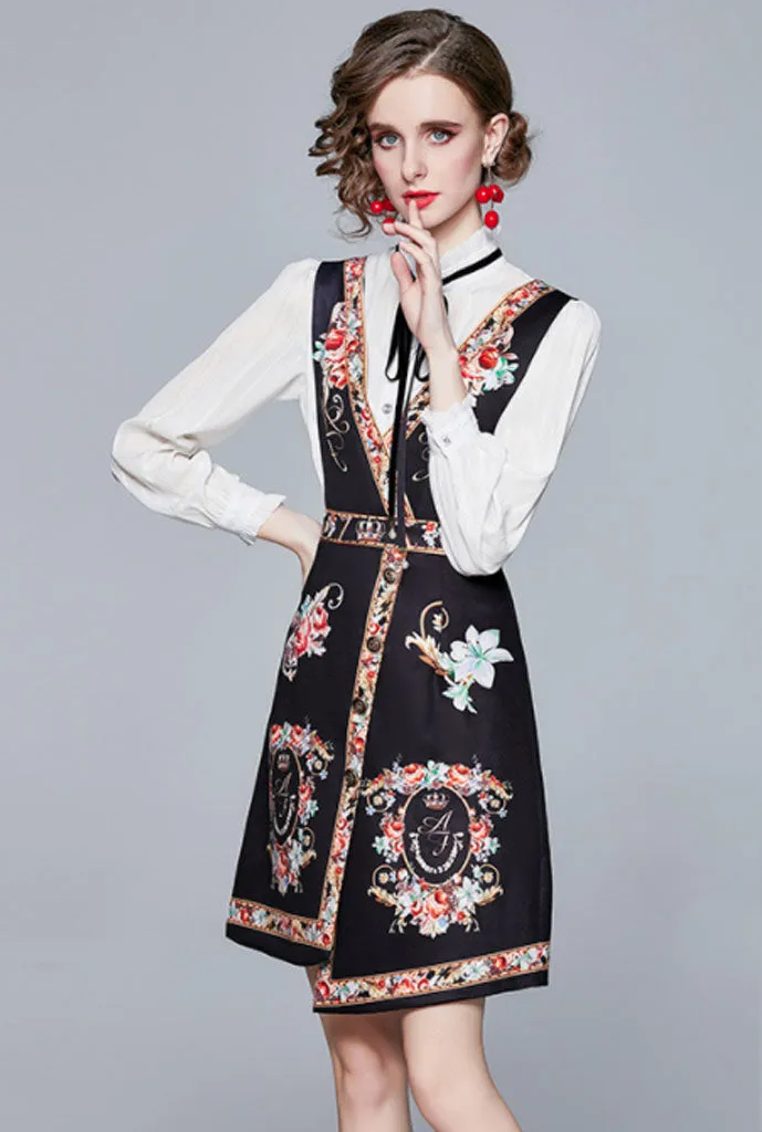 White Shirt   Printed Vest Dress Two Piece Set