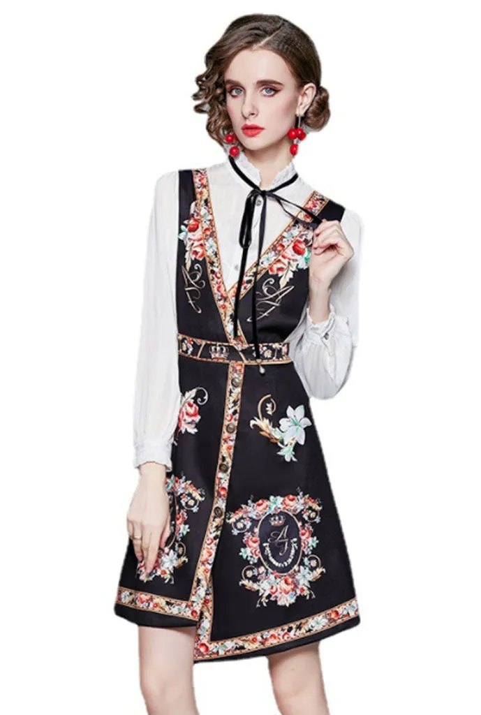 White Shirt   Printed Vest Dress Two Piece Set