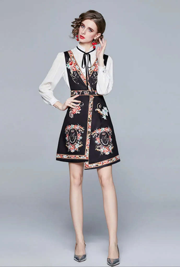 White Shirt   Printed Vest Dress Two Piece Set