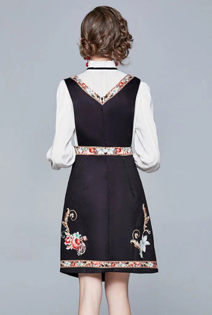 White Shirt   Printed Vest Dress Two Piece Set