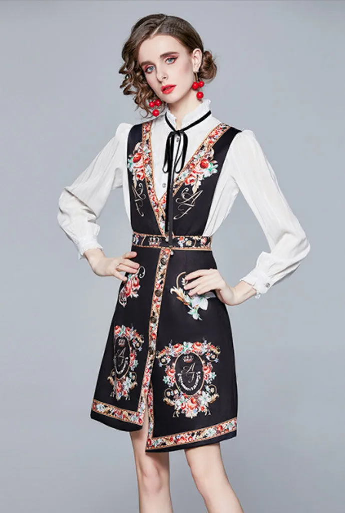 White Shirt   Printed Vest Dress Two Piece Set